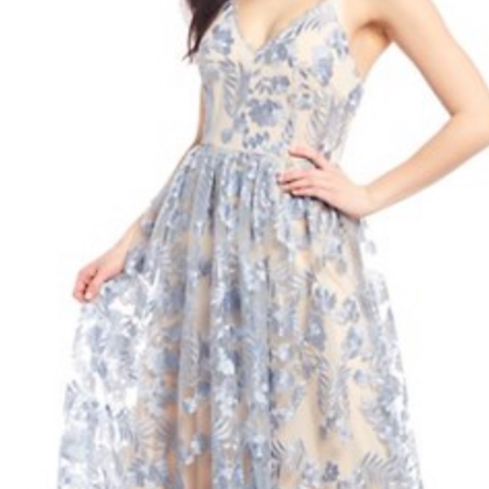 Juniors 15 V-neck gown nude w/blue overlay.